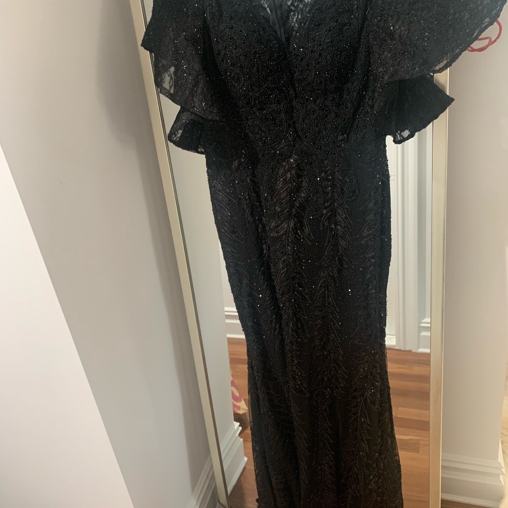 Mac Duggal Black Maxi Dress with Ruffle Sleeves